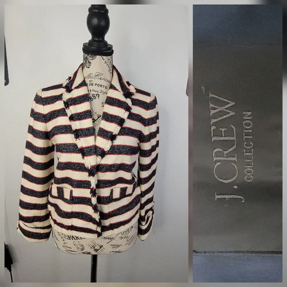 J.Crew Collection Blazer SZ 0 Preppy Legion Striped Tweed Jacket Office Siren